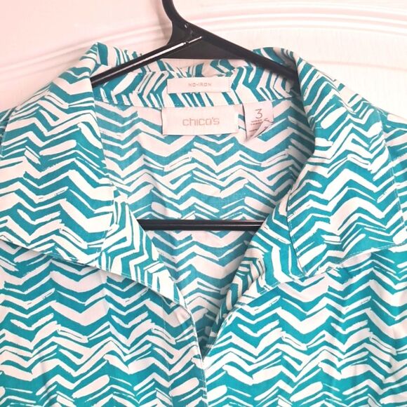 Chico's Teal and White Women's Button Up Top No - Iron - Picture 3 of 3